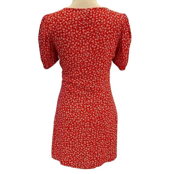 H&M Red Ditsy Floral Boho Festival Shortsleeved Flowy Mini Button Front Sundress - Picture 4 of 7